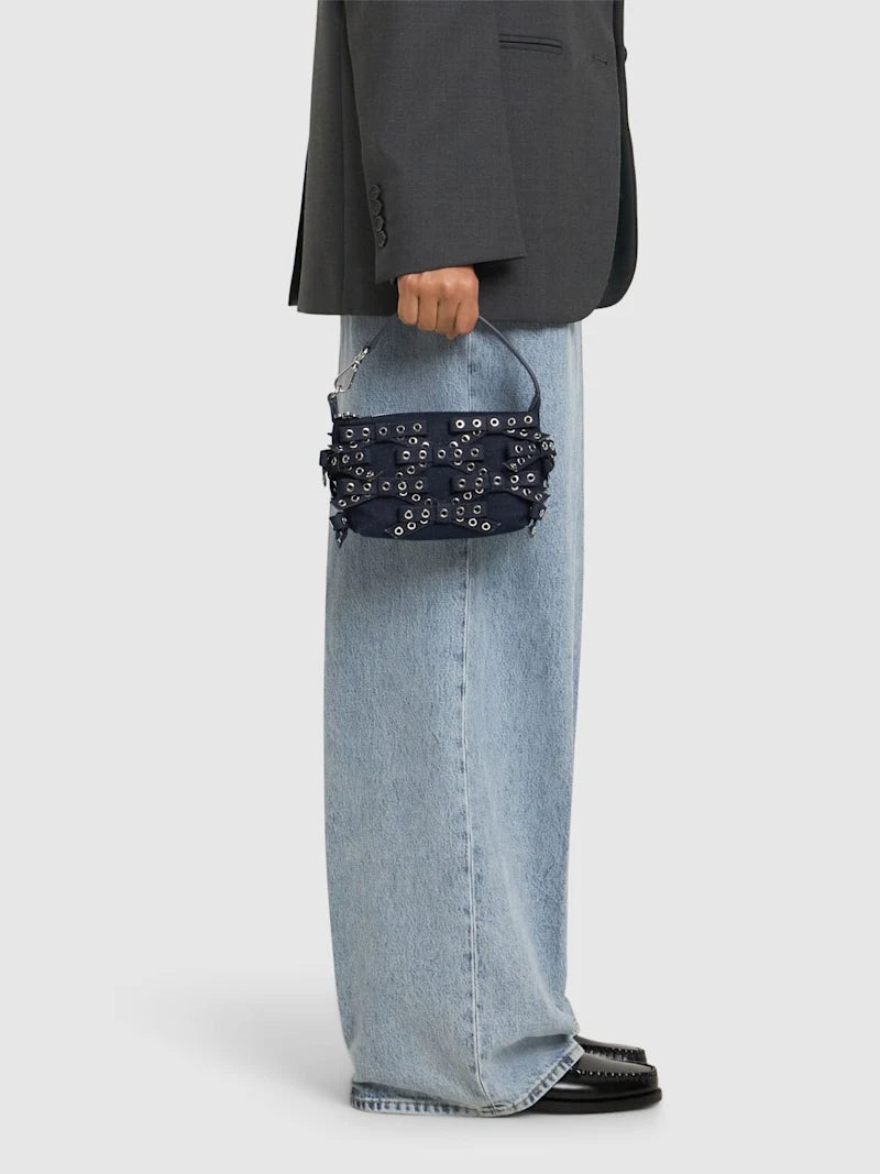 GANNI Small Butterfly Bow Eyelet Denim Pouch