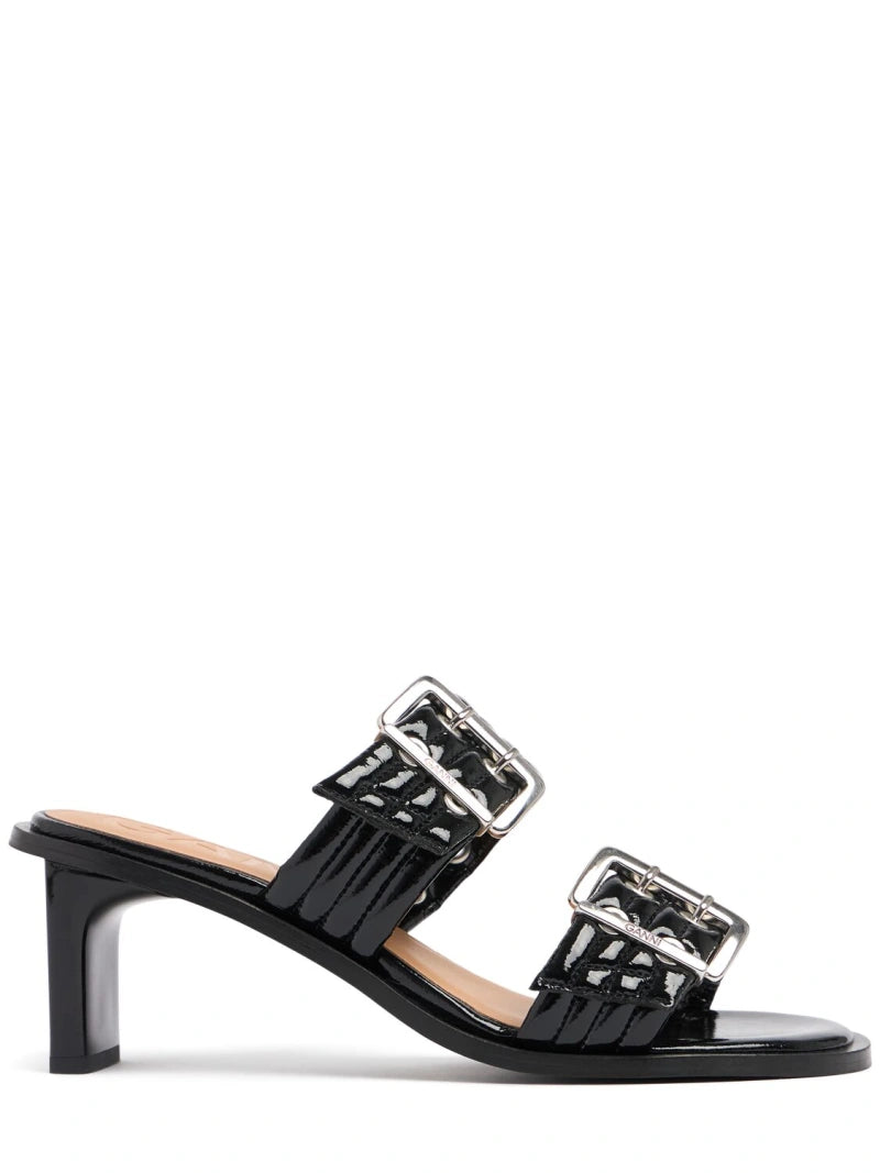 Black Feminine Buckle Two-Strap Heel Sandals