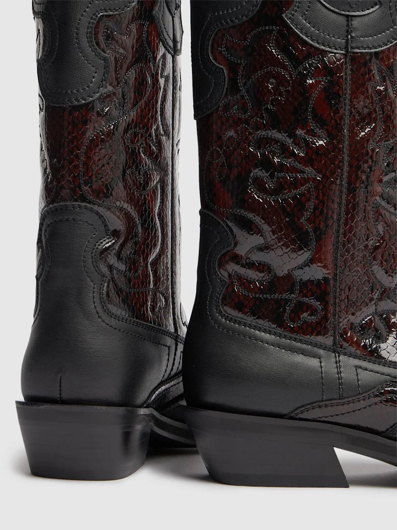 GANNI Dark Burgundy Mid Shaft Embroidered Western Boots
