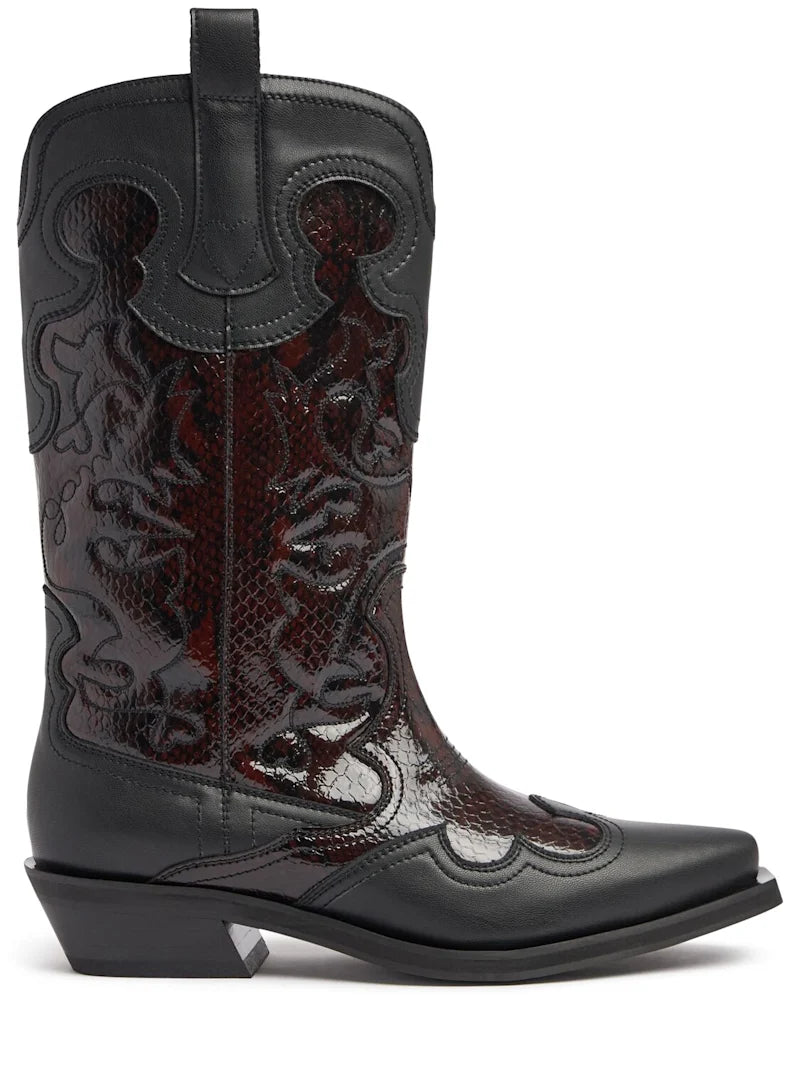GANNI Dark Burgundy Mid Shaft Embroidered Western Boots