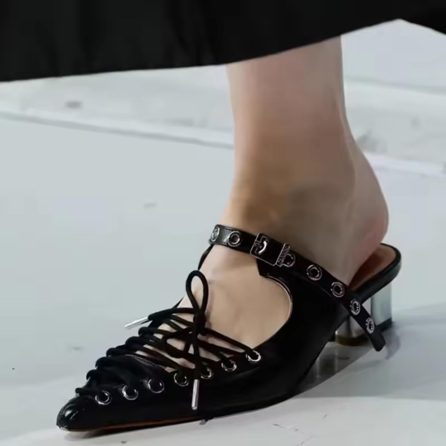 Ganni Black Oleatex Lace-Up Mules