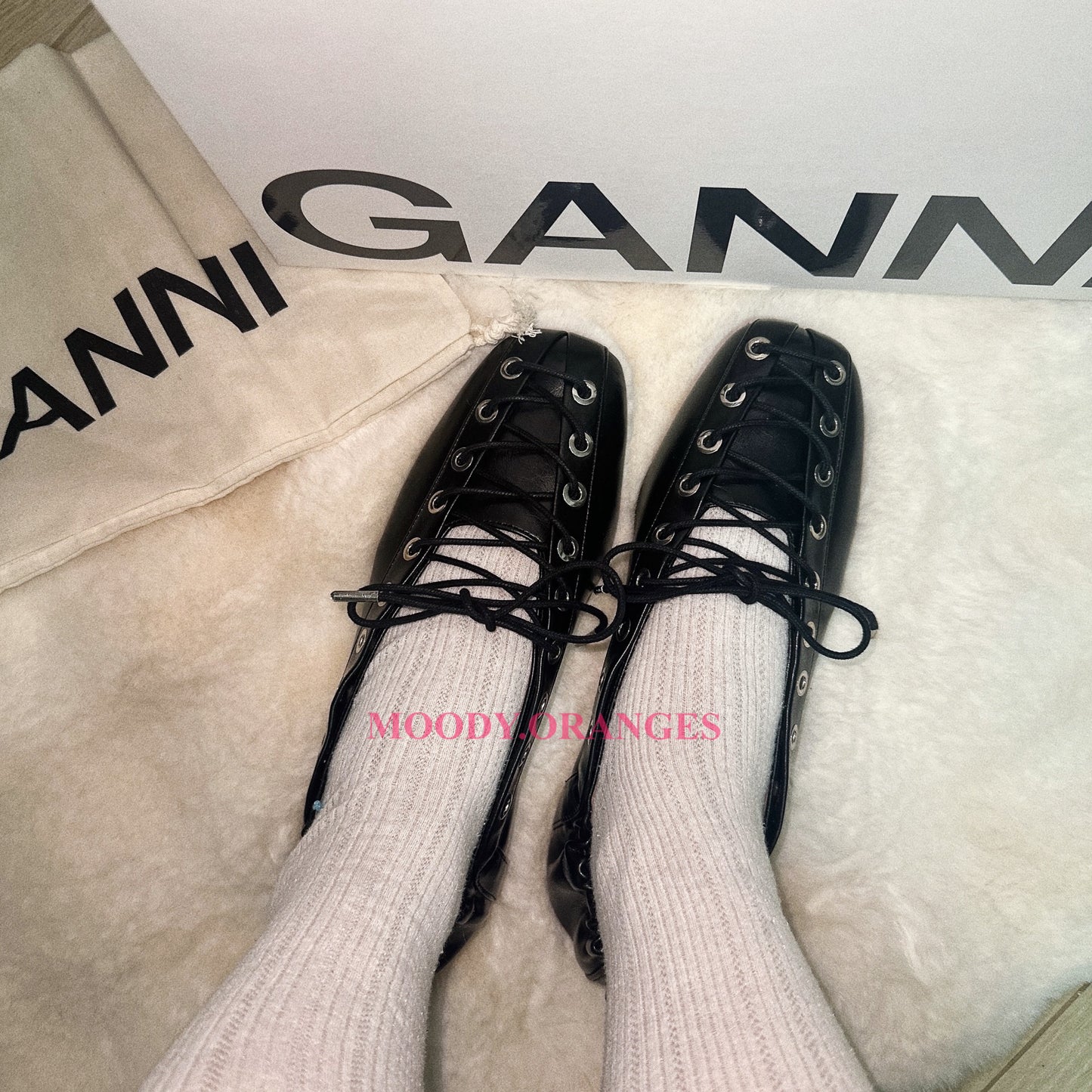 GANNI Black Oleatex Lace-Up Ballerinas
