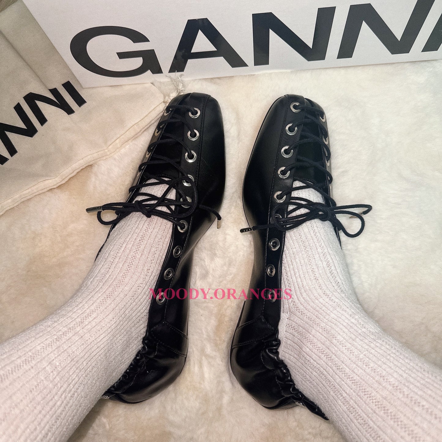 GANNI Black Oleatex Lace-Up Ballerinas