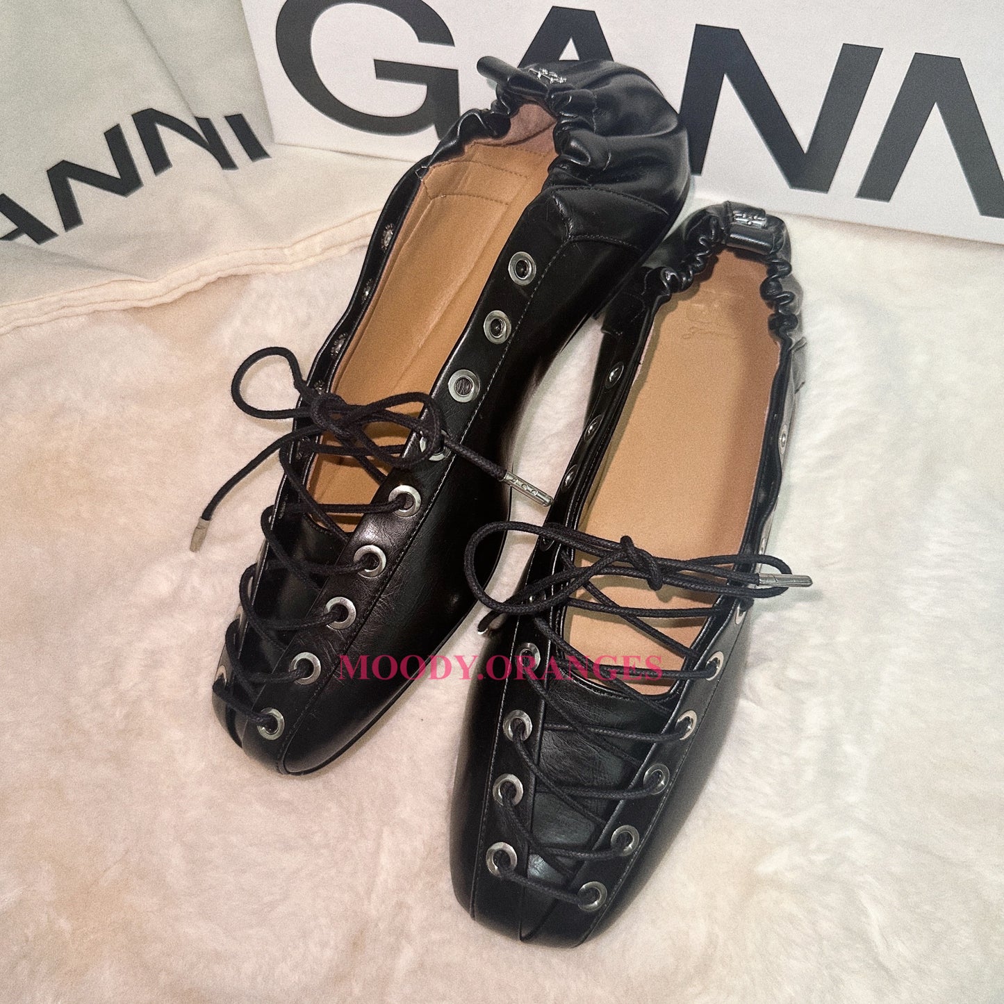 GANNI Black Oleatex Lace-Up Ballerinas