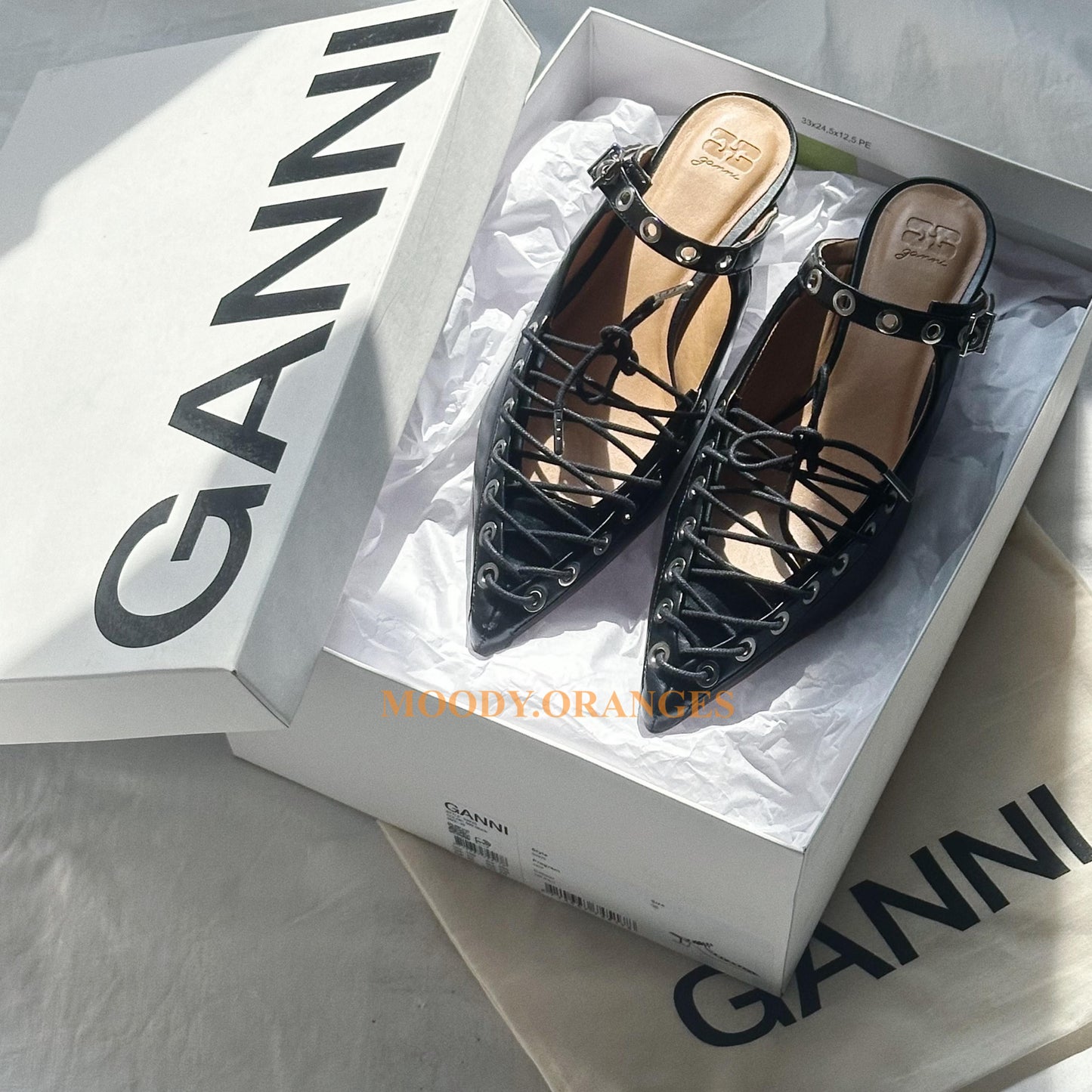 Ganni Black Oleatex Lace-Up Mules