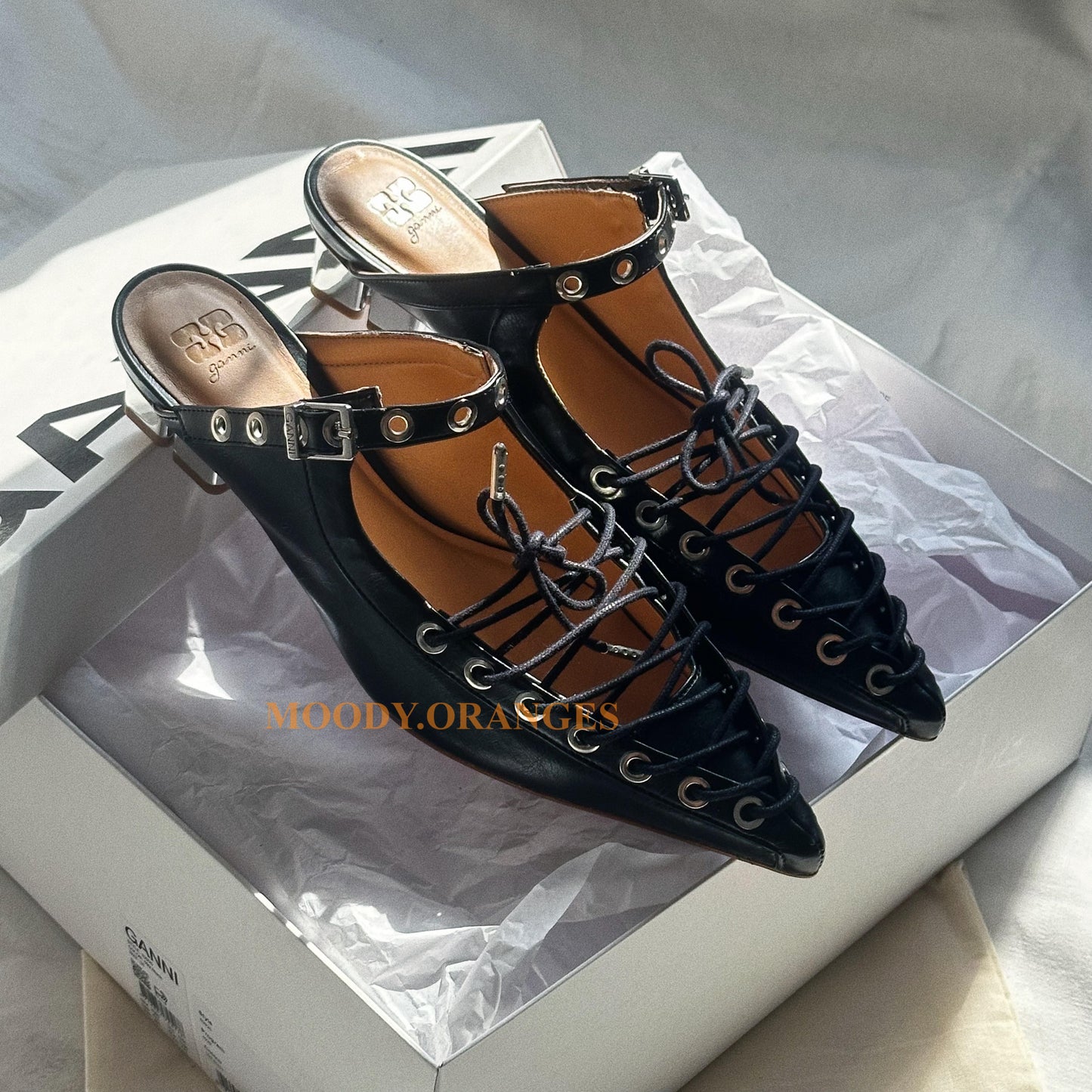 Ganni Black Oleatex Lace-Up Mules