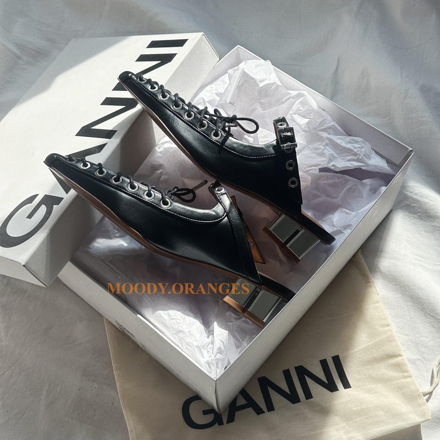Ganni Black Oleatex Lace-Up Mules