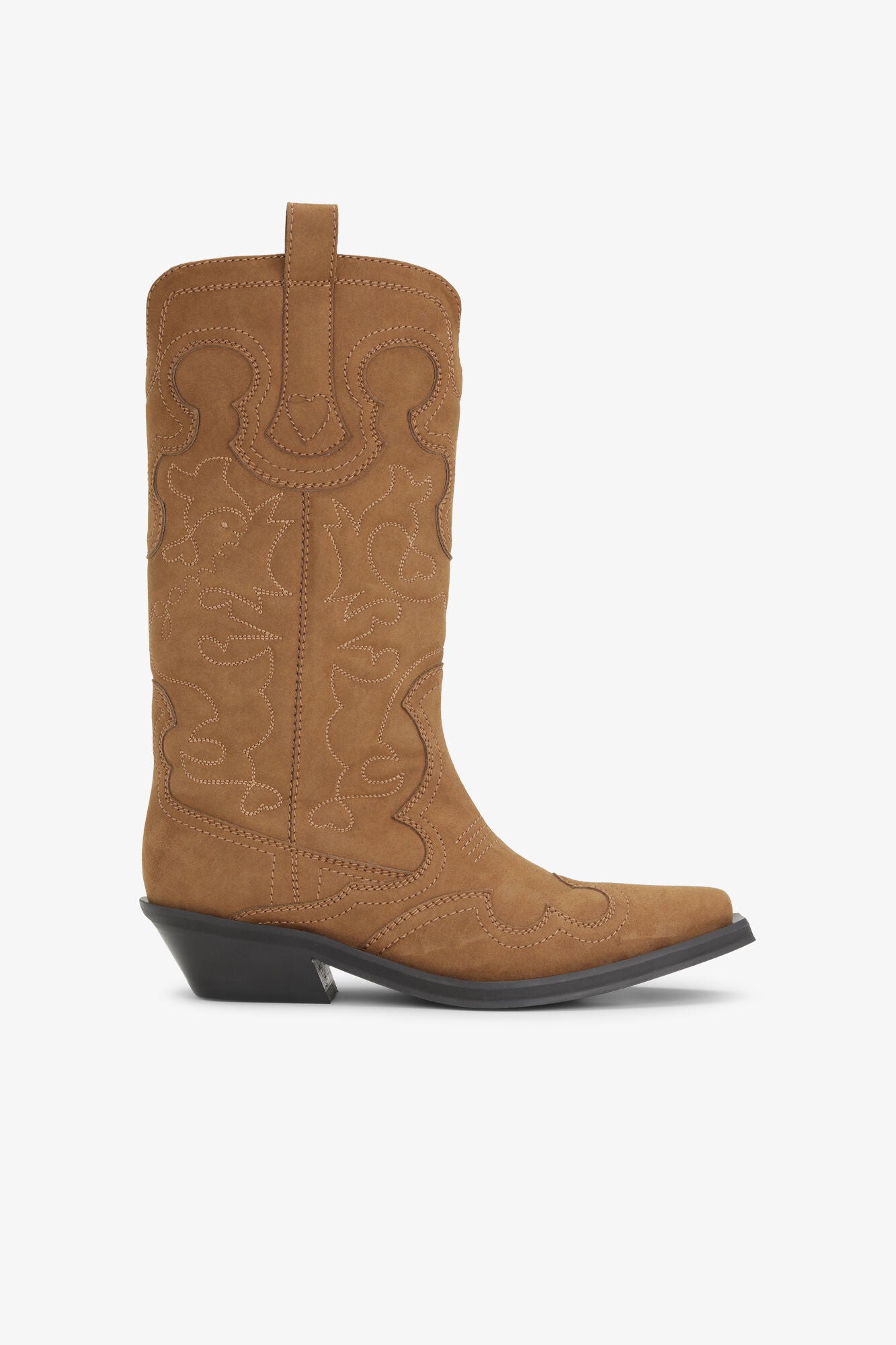 GANNI Brown Suede Mid Shaft Embroidered Western Boots
