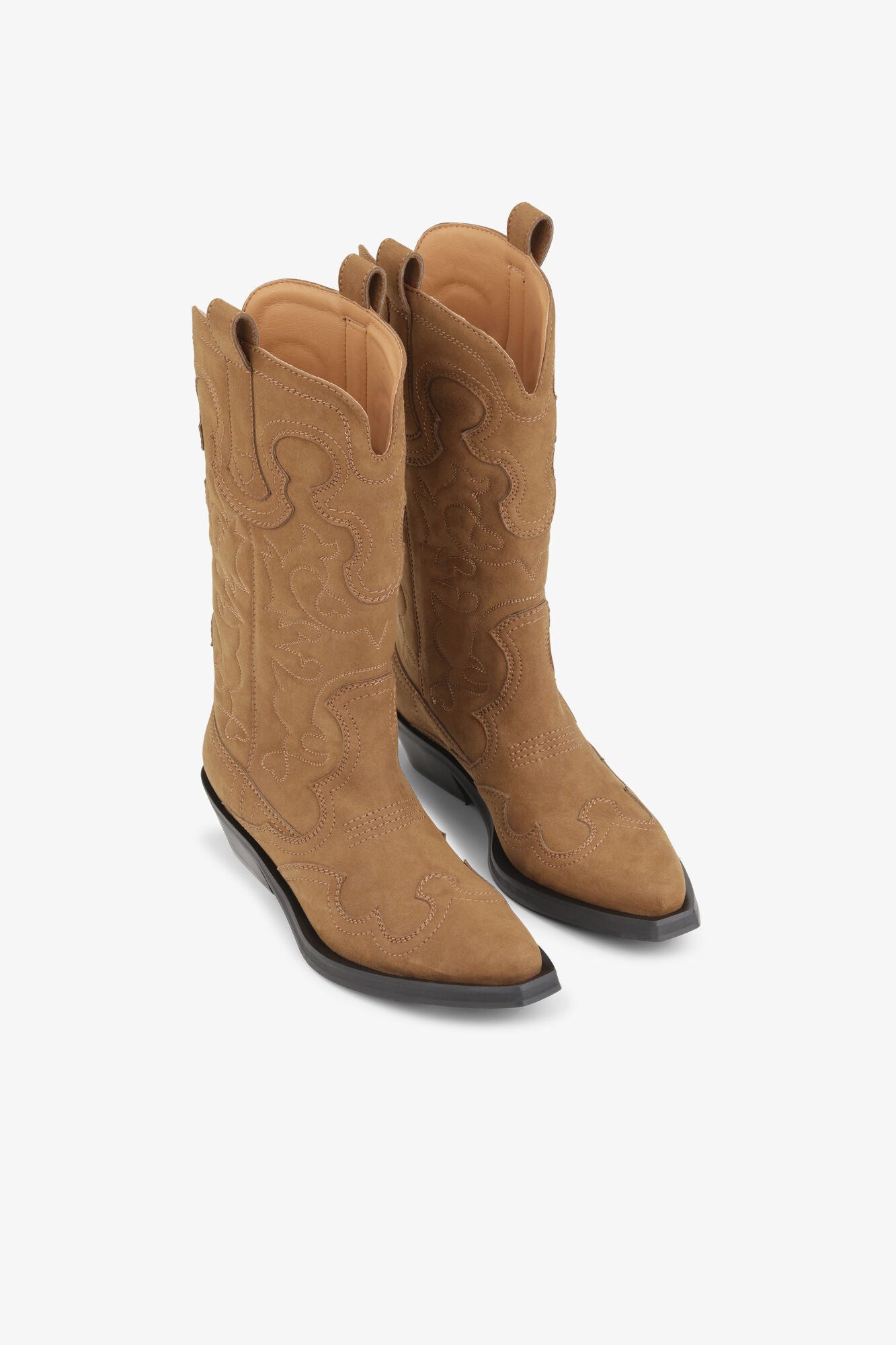 GANNI Brown Suede Mid Shaft Embroidered Western Boots