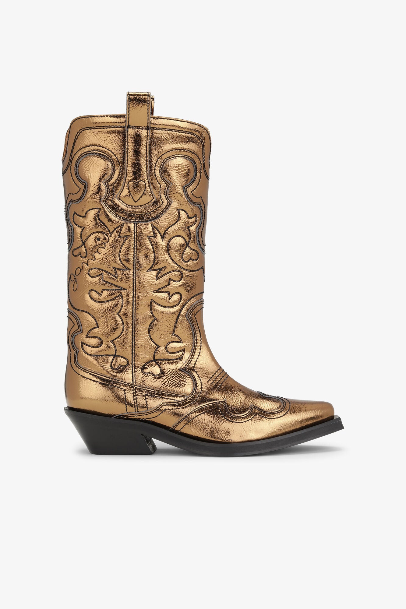 GANNI Gold Metallic Mid Shaft Embroidered Western Boots