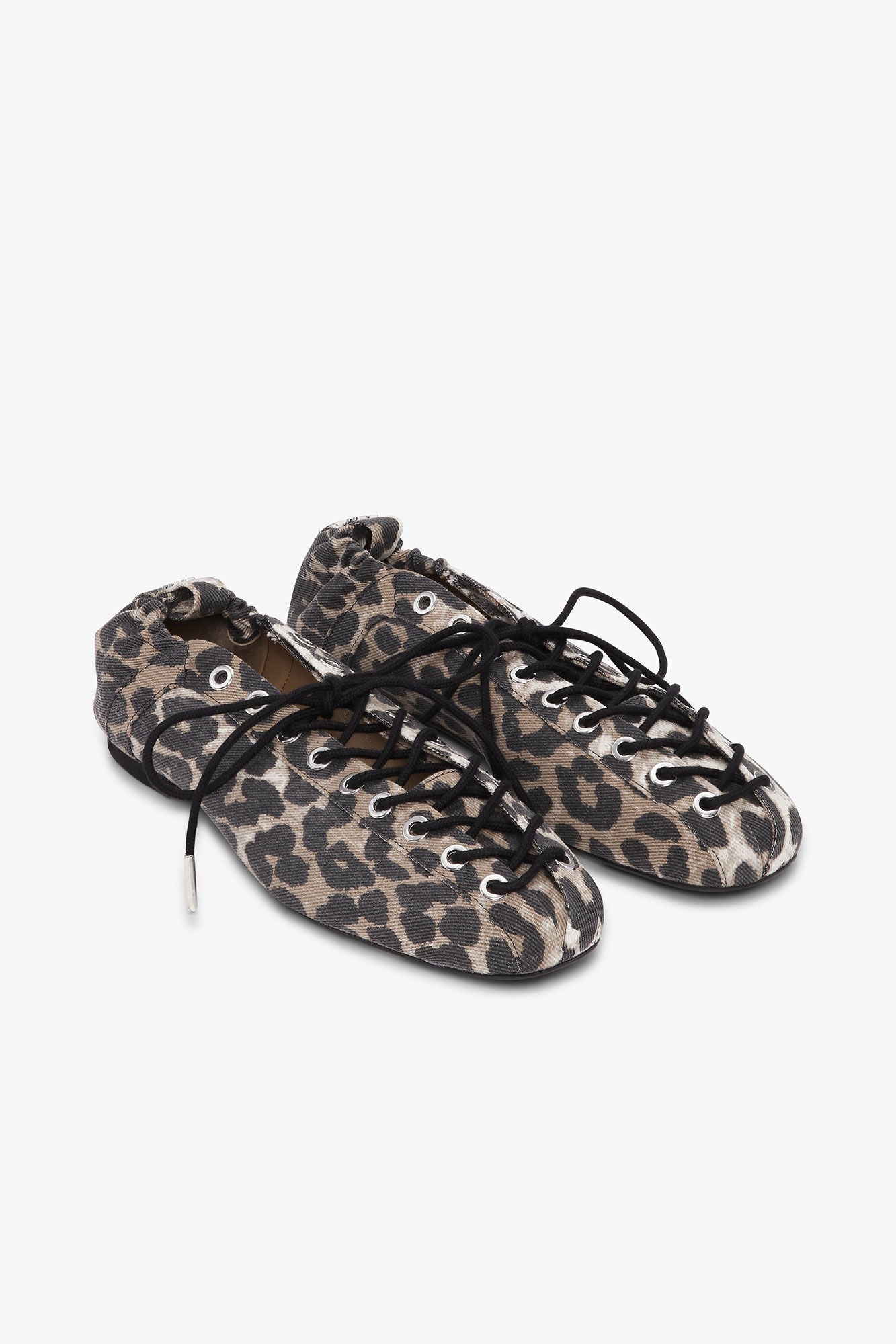 GANNI Leopard Printed Denim Lace-Up Ballerinas