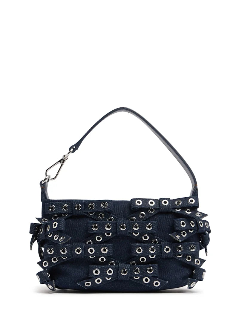 GANNI Small Butterfly Bow Eyelet Denim Pouch