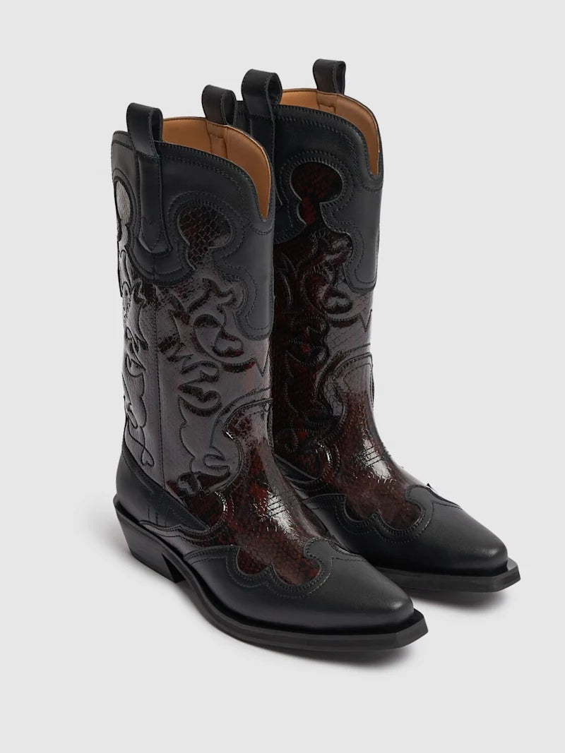 GANNI Dark Burgundy Mid Shaft Embroidered Western Boots