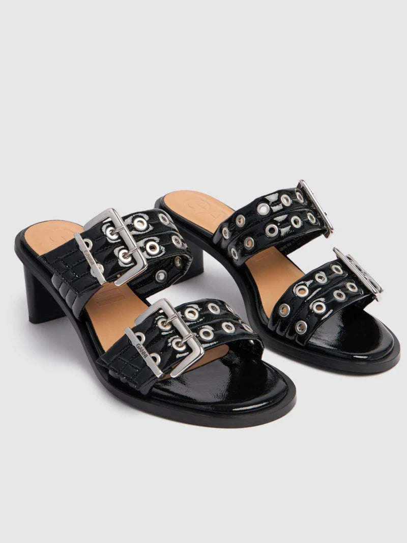 Black Feminine Buckle Two-Strap Heel Sandals