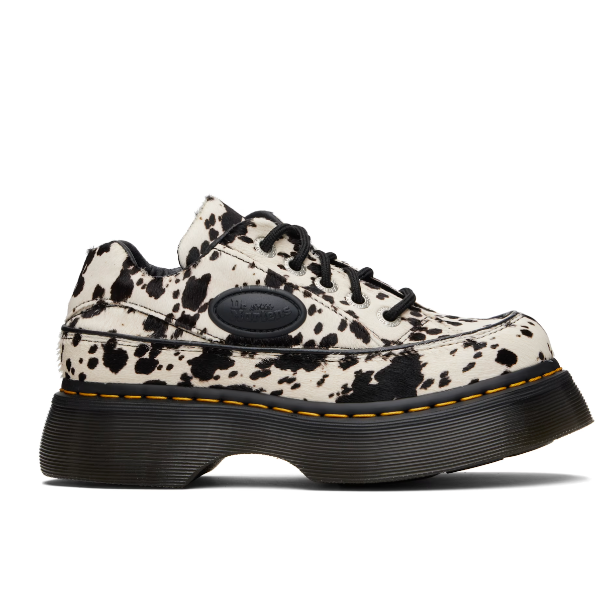 Dr. Martens Black & White Buzz 5-Eye Dalmatian Hair On Leather Derbys - MOODY ORANGES