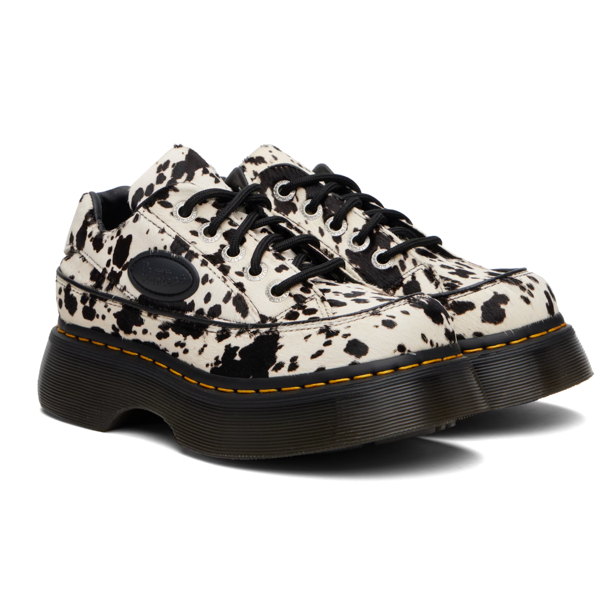 Dr. Martens Black & White Buzz 5-Eye Dalmatian Hair On Leather Derbys - MOODY ORANGES