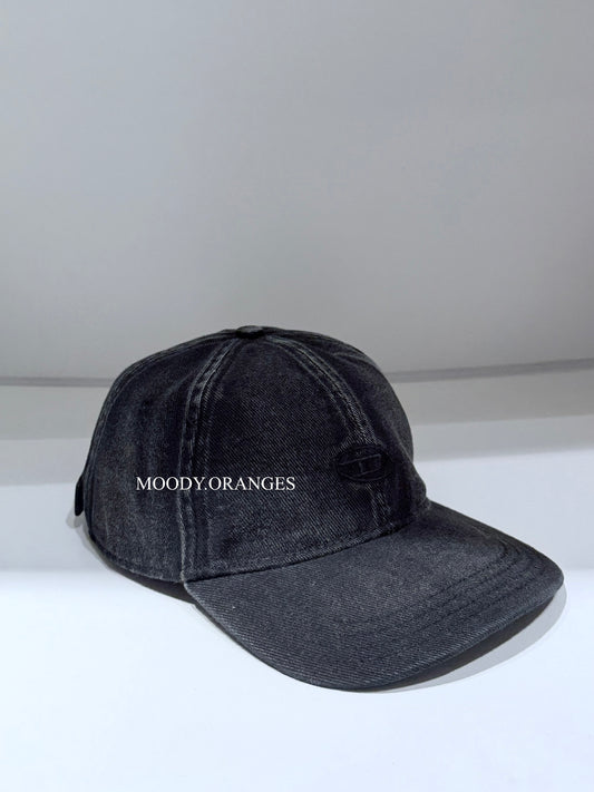 Denim Cap with Frayed Details and Embroidered Logo