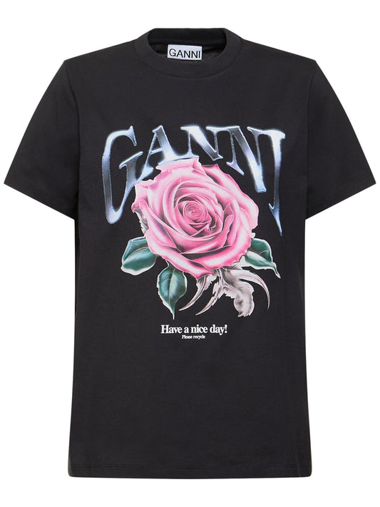 GANNI Rose print organic cotton t-shirt - MOODY ORANGES