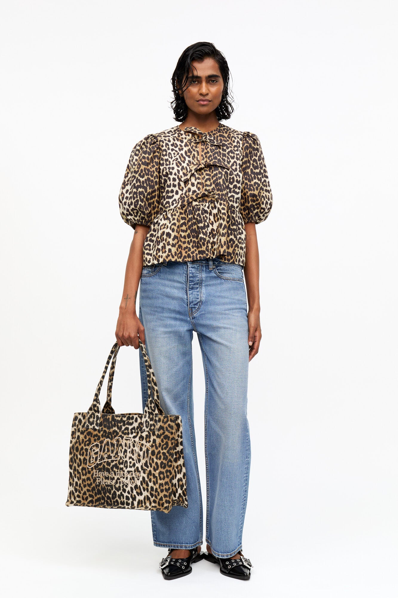 GANNI Leopard-printed Canvas Tote bag MOODY ORANGES