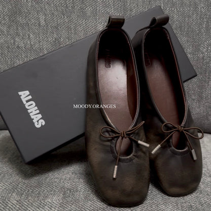 ALOHAS Rosalind Vintage Effect Brown Leather Ballet Flats - MOODY ORANGES