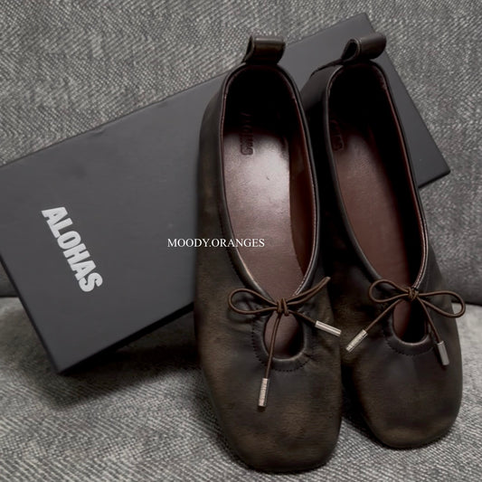 ALOHAS Rosalind Vintage Effect Brown Leather Ballet Flats - MOODY ORANGES
