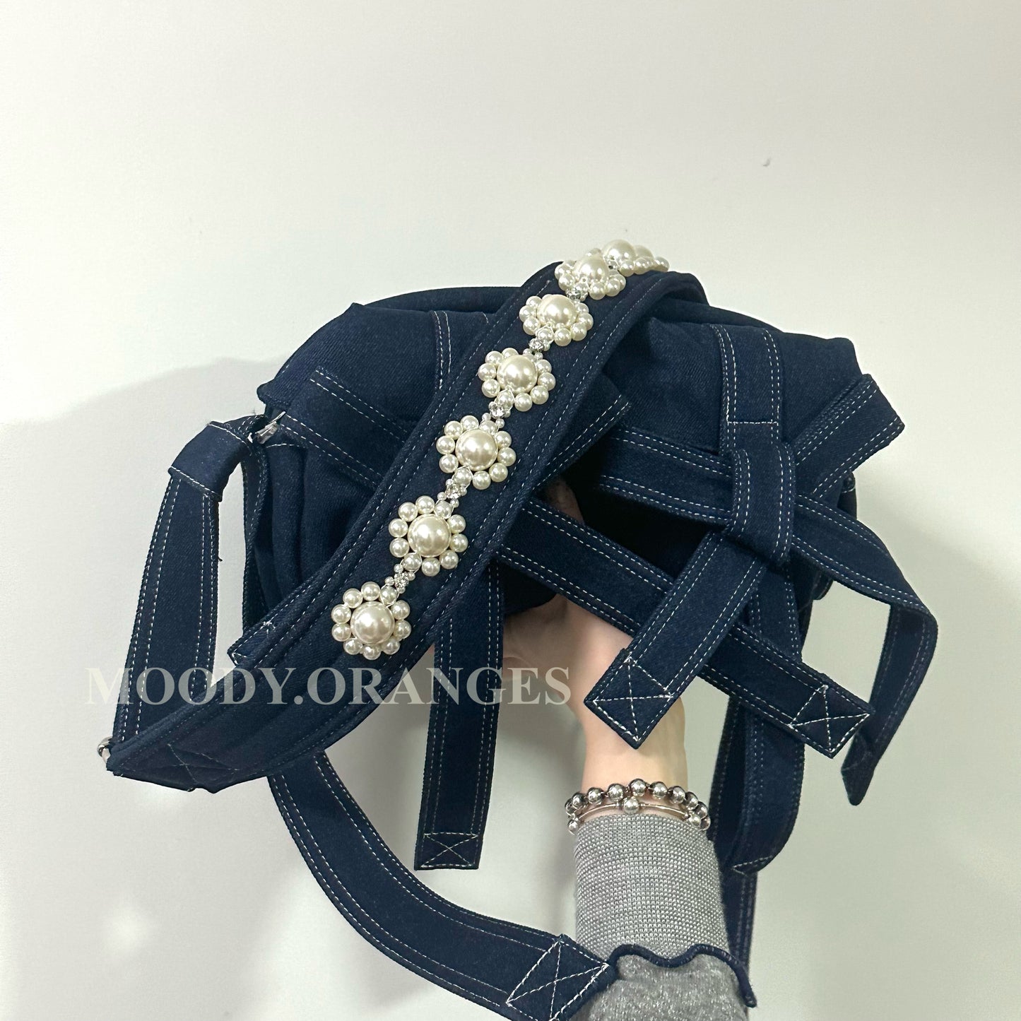 Simone Rocha Blue Beaded Classic Bow Crossbody Bag