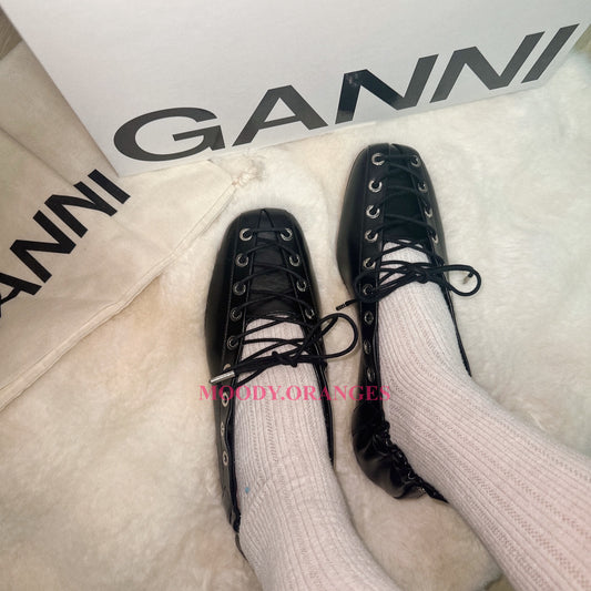 GANNI Black Oleatex Lace-Up Ballerinas