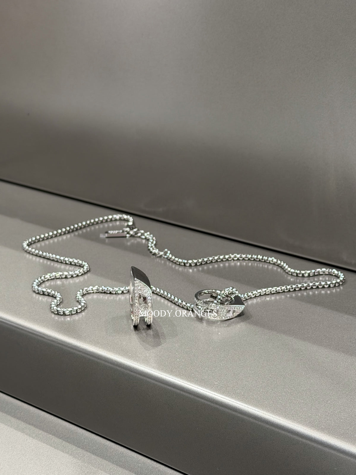 Diesel Stainless Steel Pave Pendant Silver Necklace - MOODY ORANGES