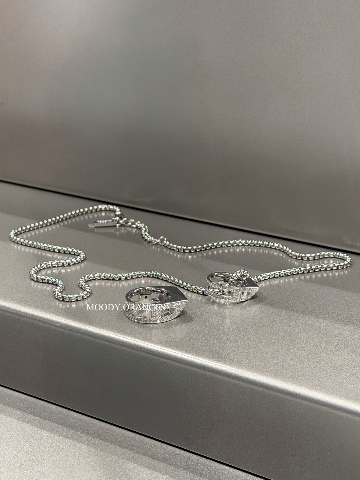 Diesel Stainless Steel Pave Pendant Silver Necklace - MOODY ORANGES