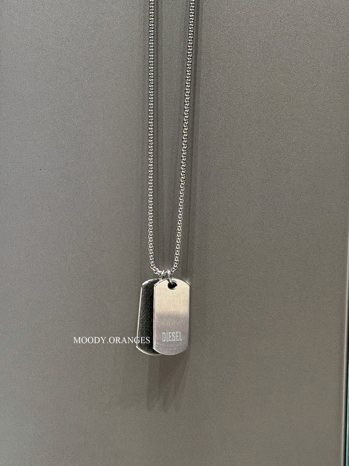 Diesel Stainless Steel Denim Texture Dog Tag Silver Necklace - MOODY ORANGES