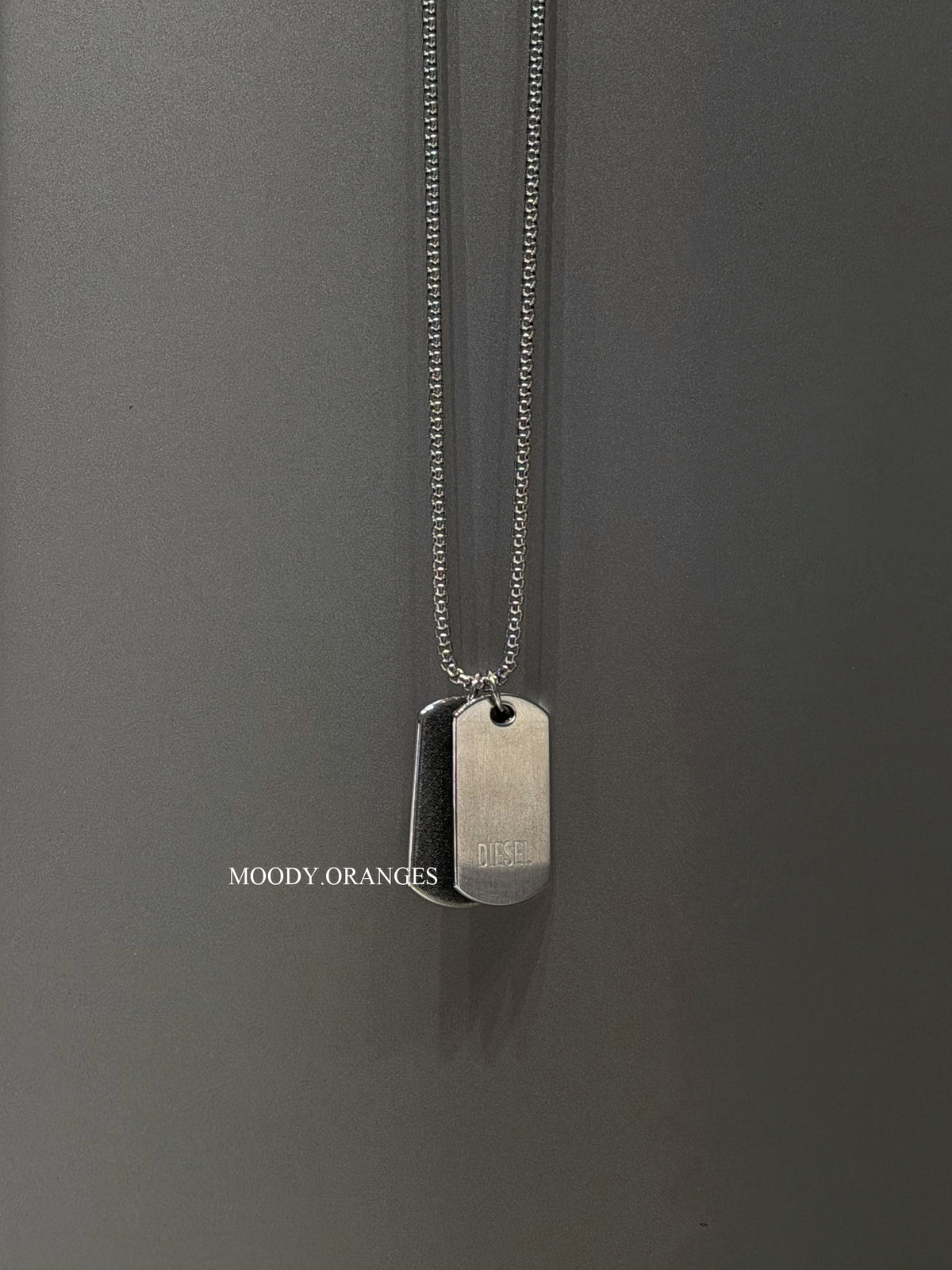 Diesel Stainless Steel Denim Texture Dog Tag Silver Necklace - MOODY ORANGES
