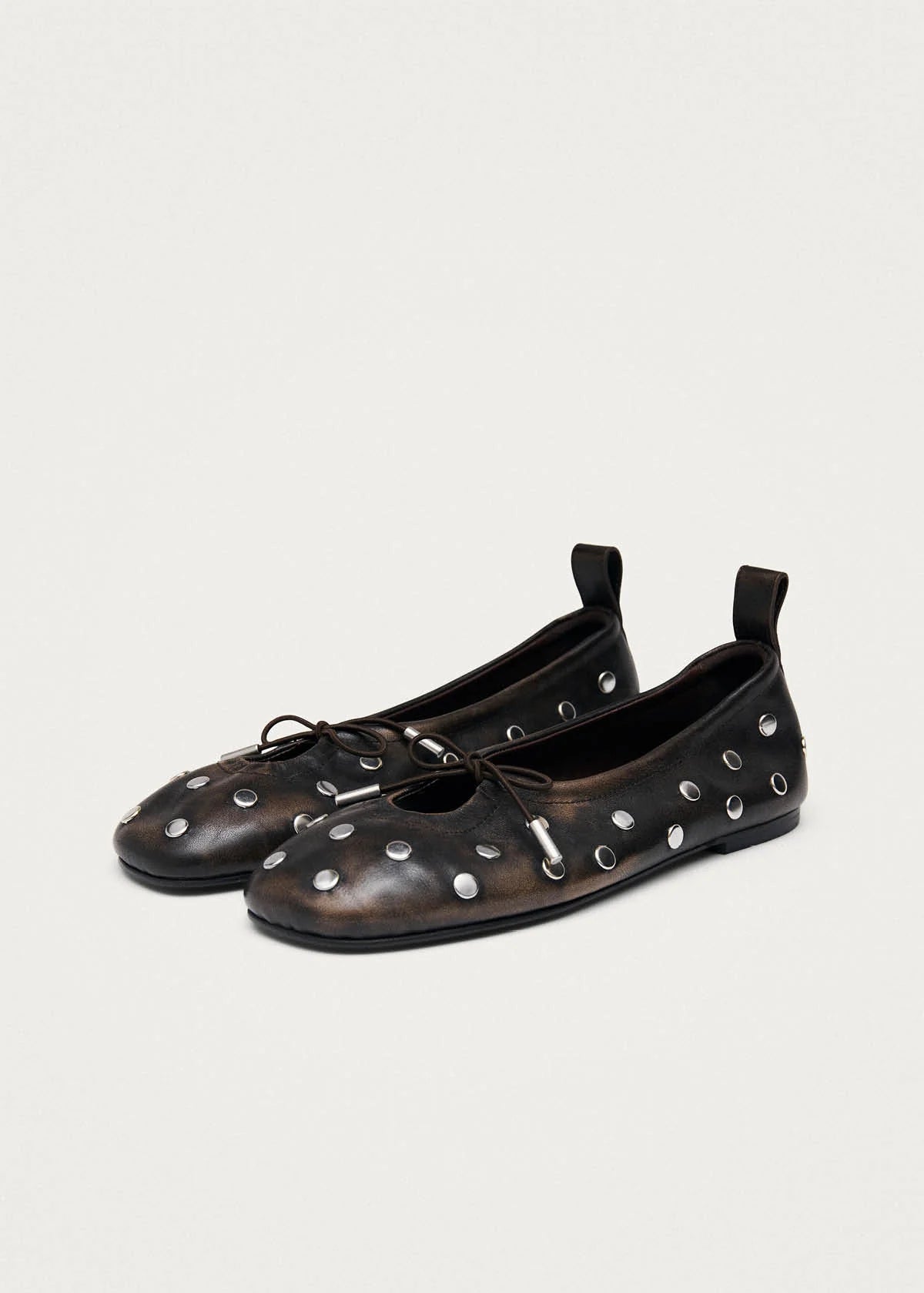 ALOHAS Rosalind All Studs Vintage Effect Brown Leather Ballet Flats